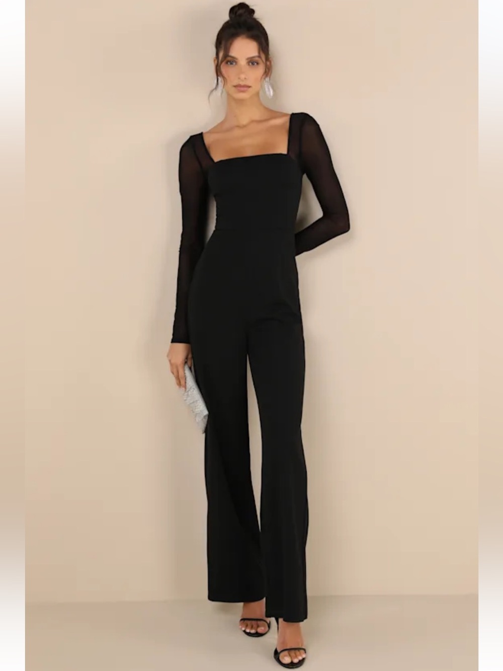 NWT Lulus Lovingly Yours Black Mesh Long Sleeve Jumpsuit